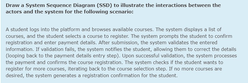  Draw a System Sequence Diagram (SSD) to illustrate the interactions between