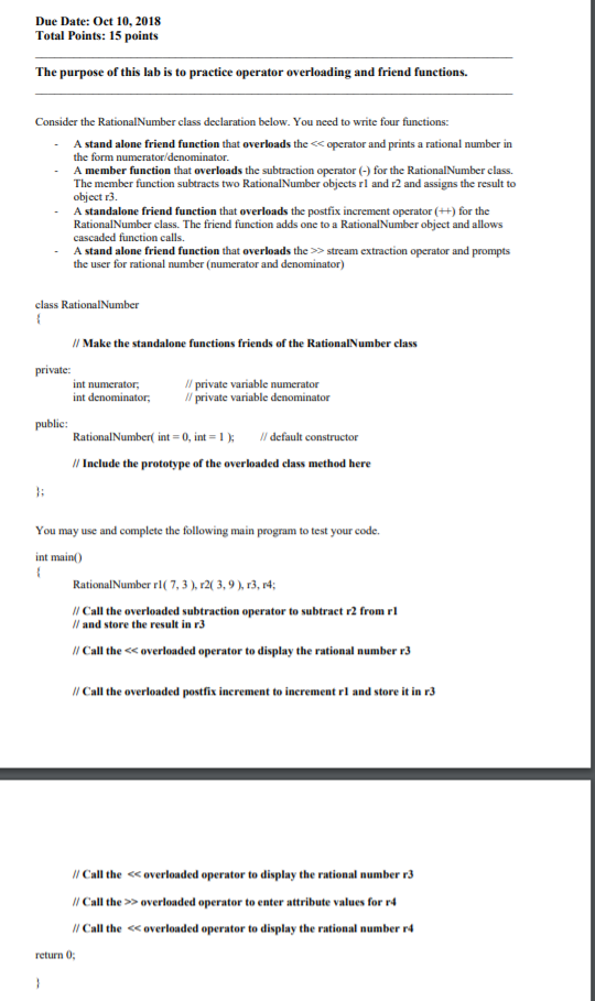 operation overloading program Please code using c++ Must have 2 .cpp files