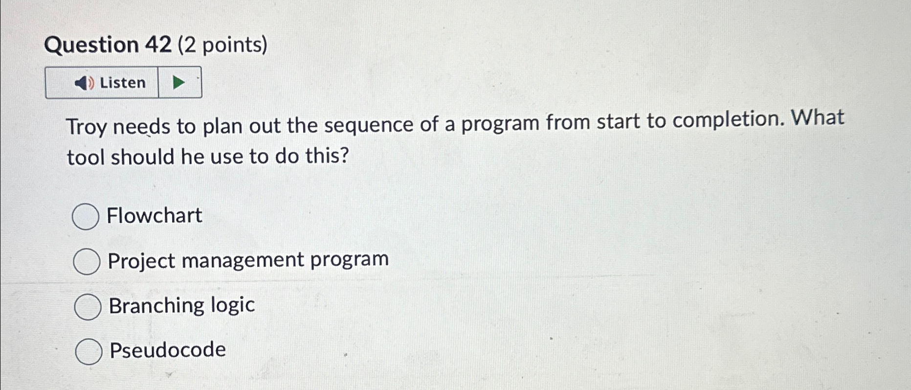  Question 42(2 points) Listen Troy needs to plan out the sequence