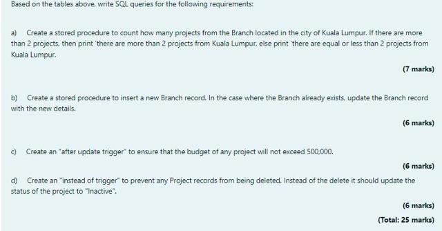  Based on the tables above, write SQL queries for the following