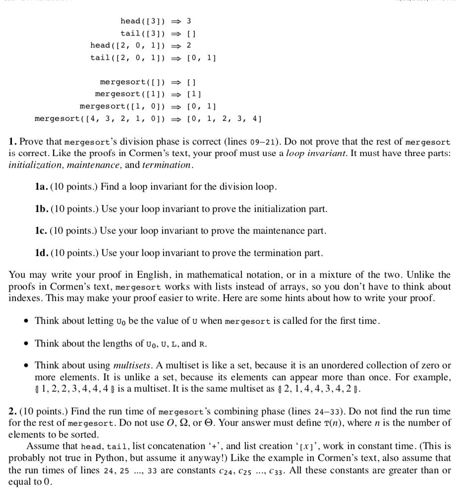 list of numbers u using a recursive divide-and-conquer algorithm, then returns the