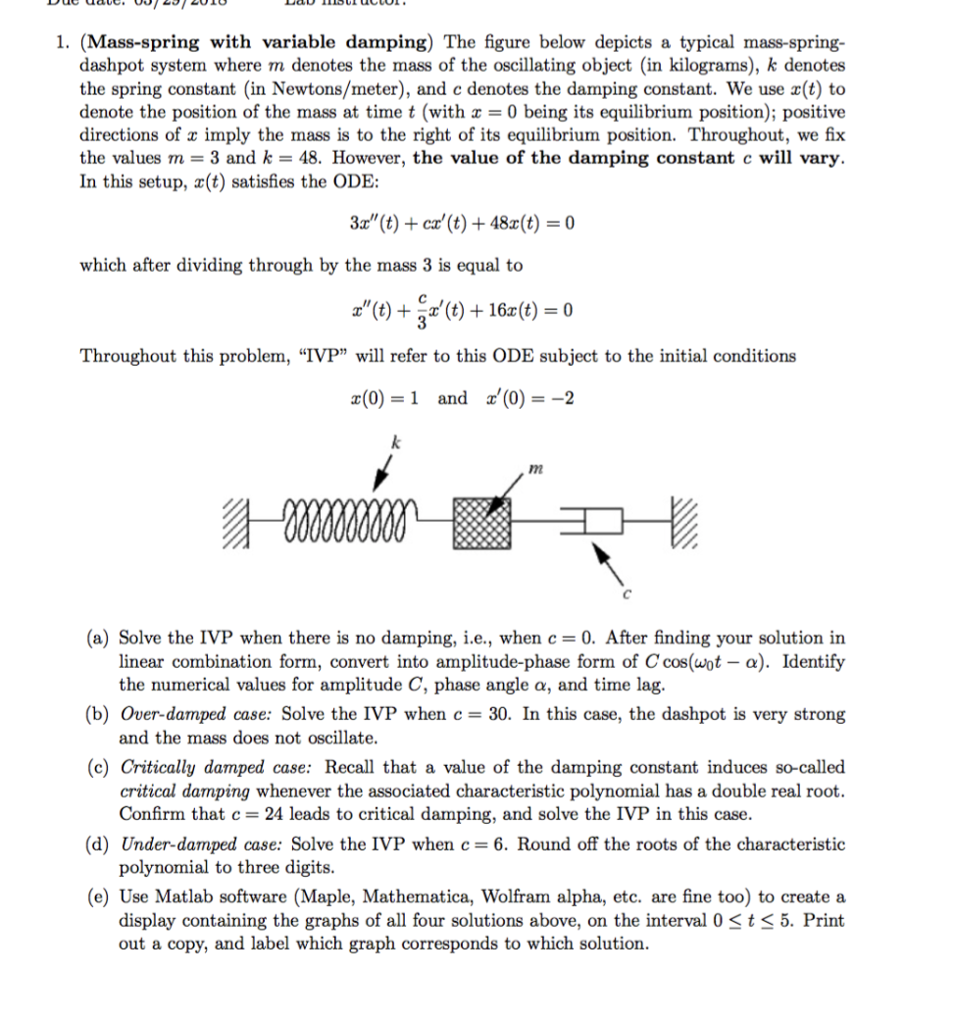 Differential equation and linear algebra. 1. (Mass-spring with variable damping) The figure