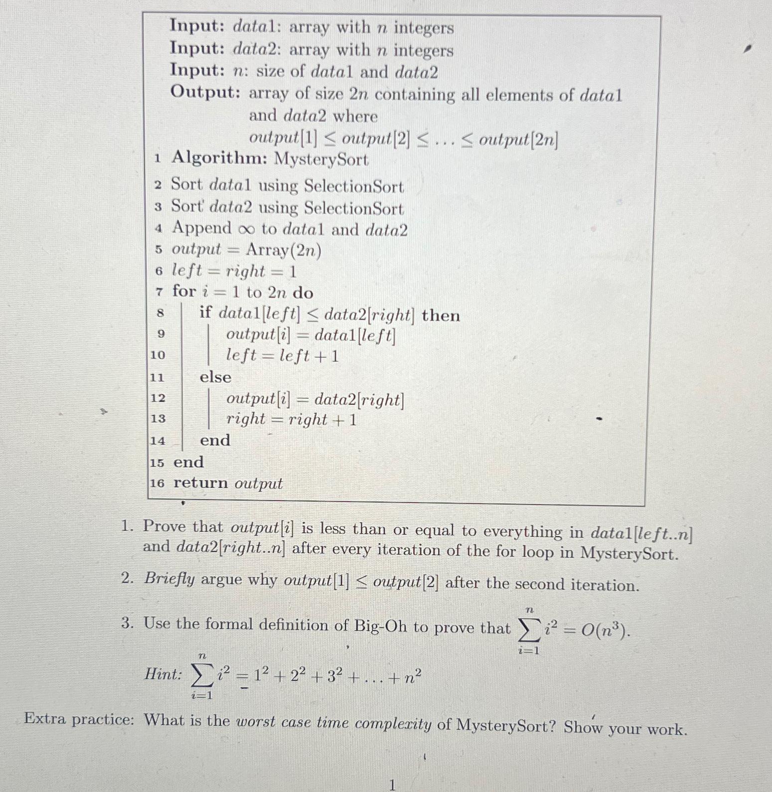  Input: datal: array with n integers Input: data2: array with n