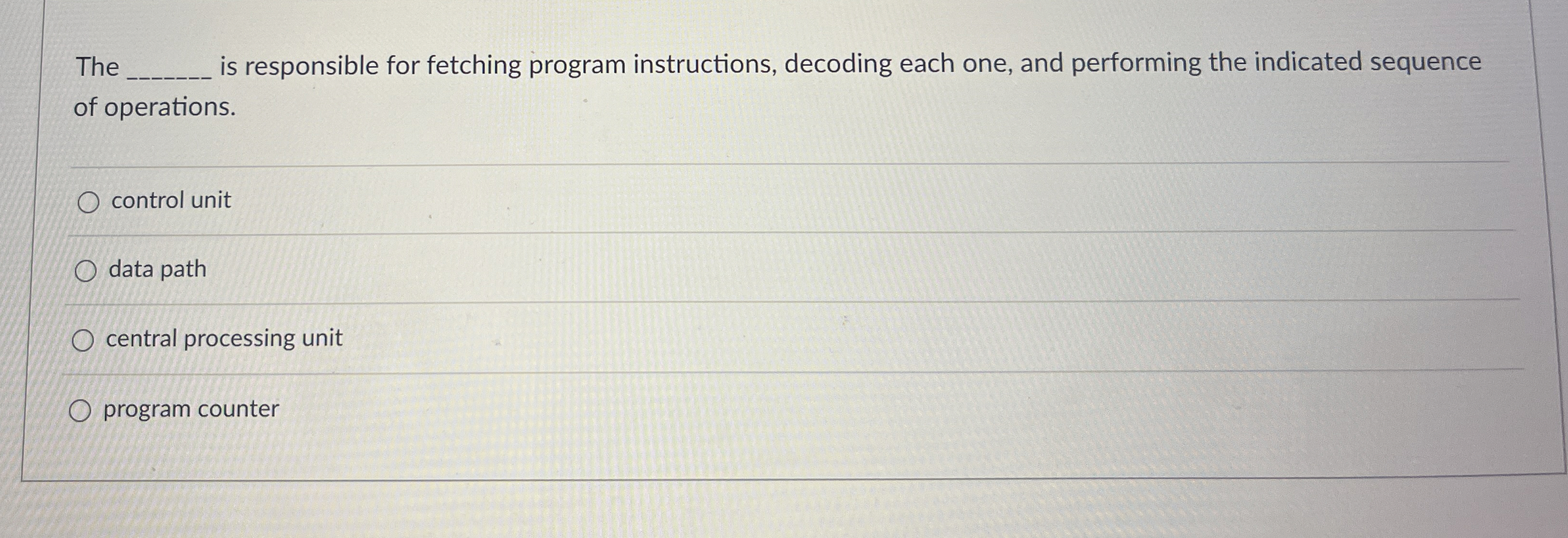  The is responsible for fetching program instructions, decoding each one, and