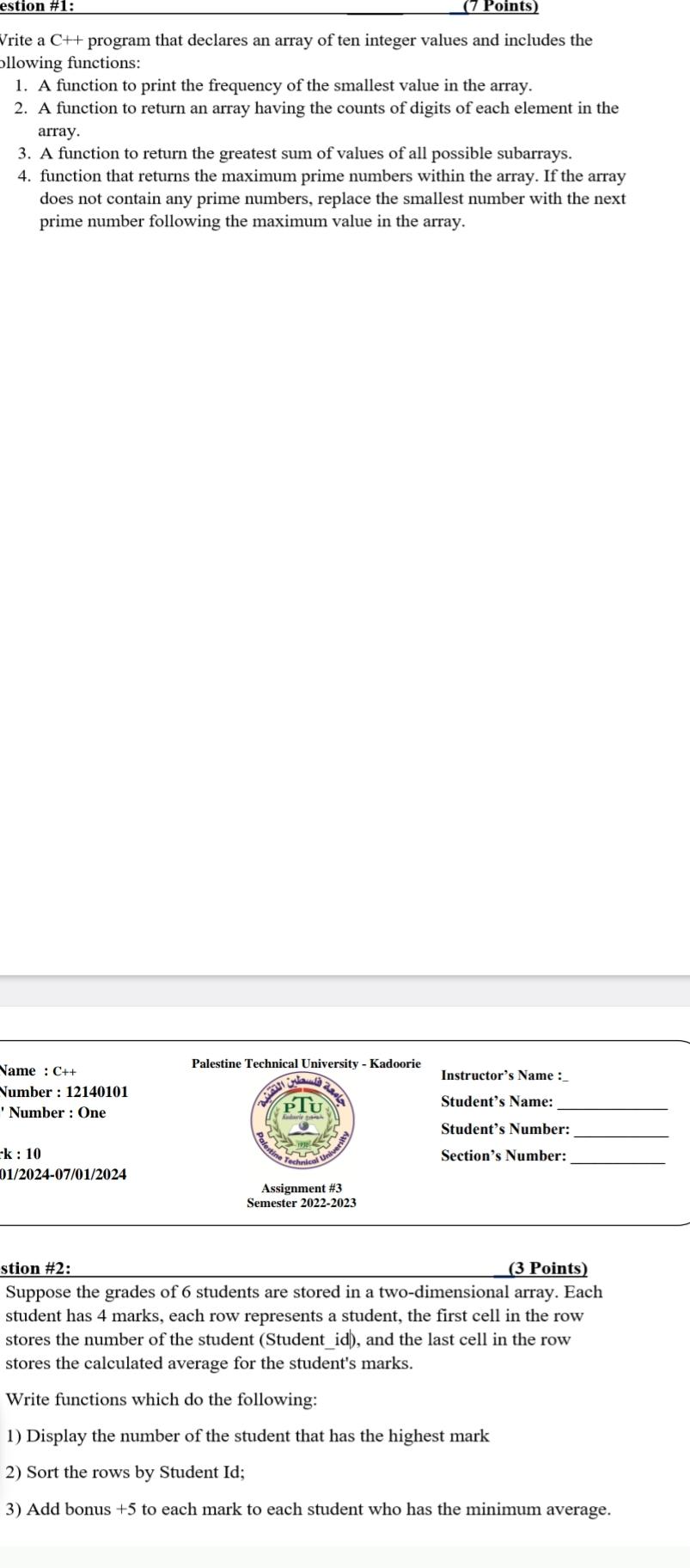  estion #1: (7 Points) Vrite a C++ program that declares an