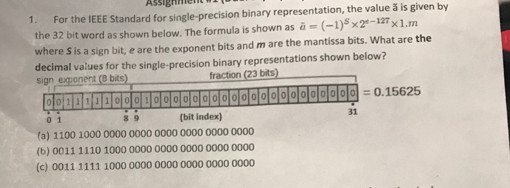 Assignment w 1. For the IEEE Standard for single-precision binary representation,