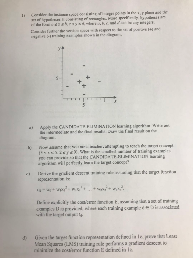 Consider the instance space consisting of integer points in the x,