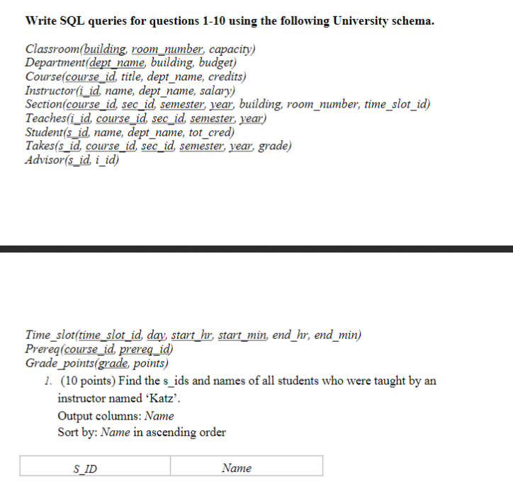  Write SQL queries for questions 1-10 using the following University schema.