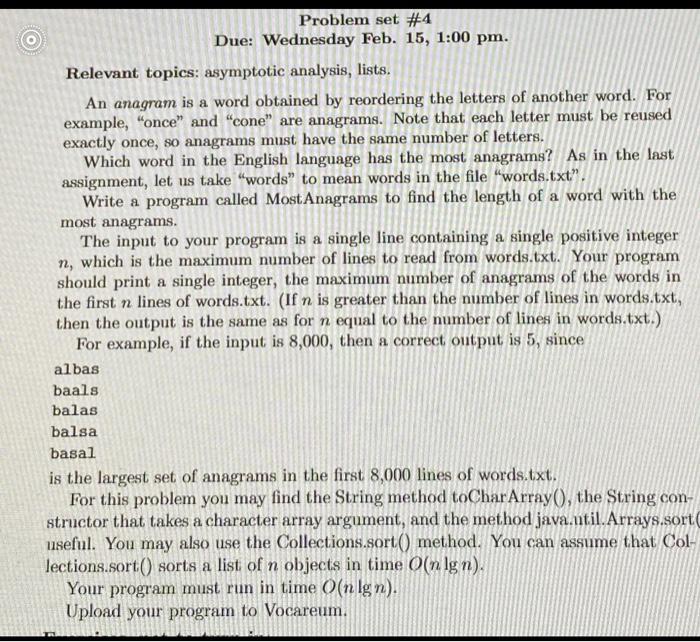 code in java please !!! Problem set \#4 Due: Wednesday Feb. 15,