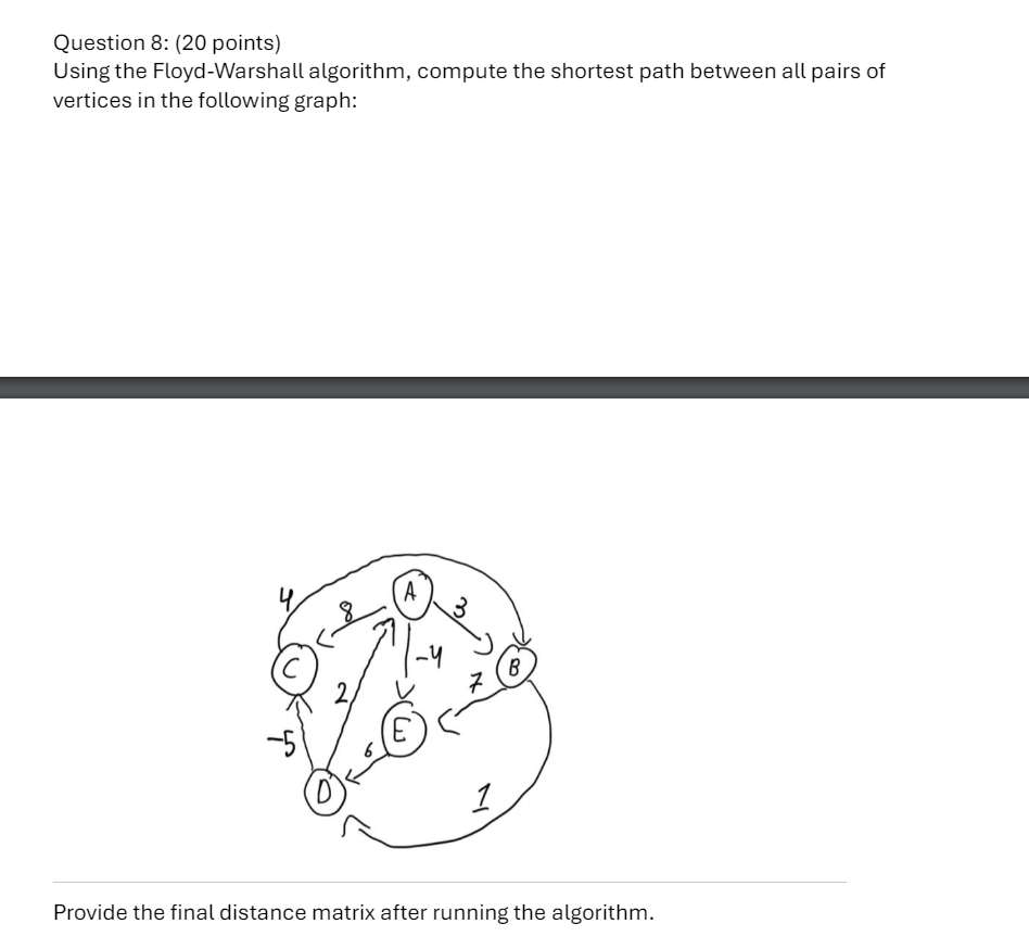  Using the Floyd-Warshall algorithm, compute the shortest path between all pairs