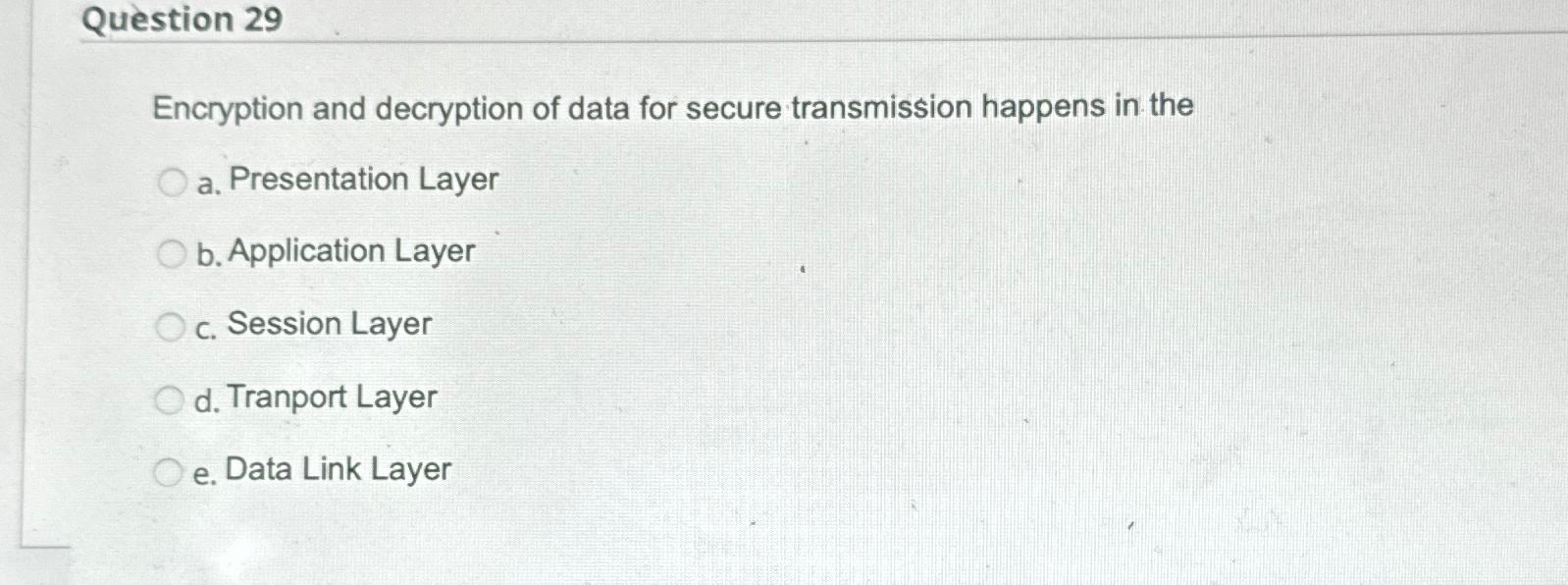  Question 29 Encryption and decryption of data for secure transmission happens