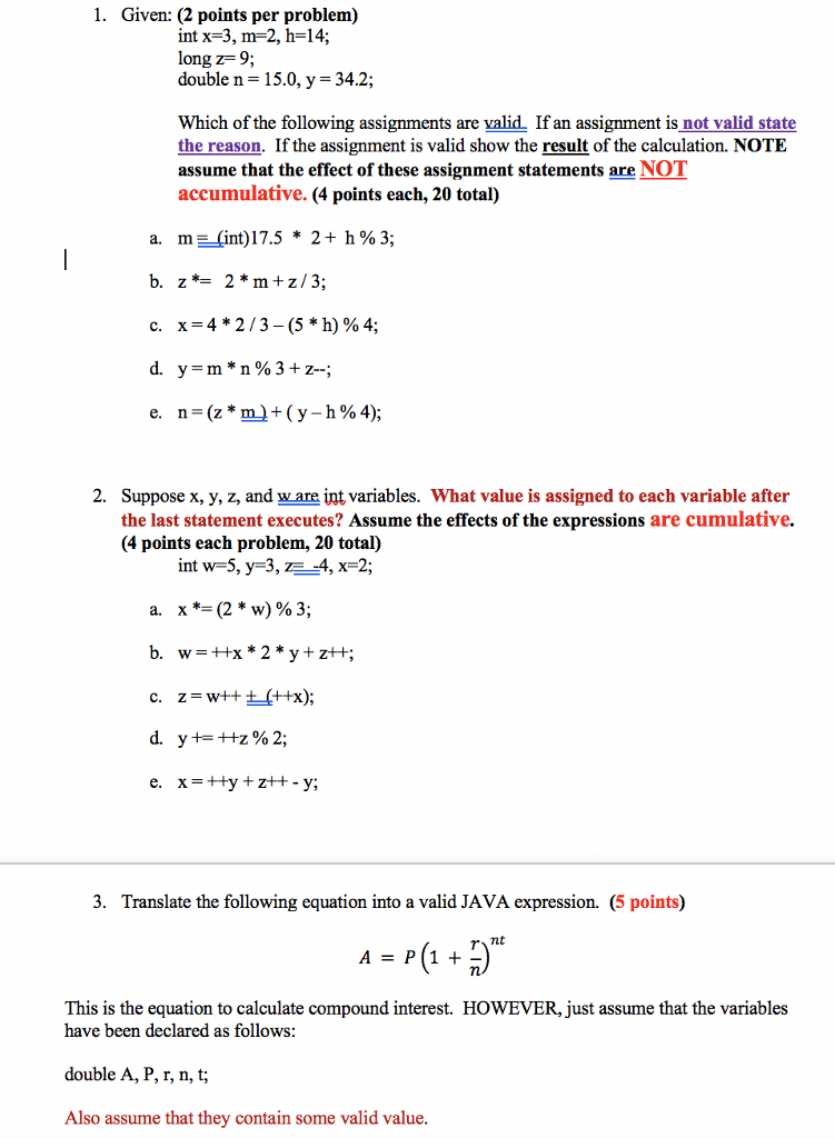 1. Given: (2 points per problem) int x-3, m-2, h-14; long
