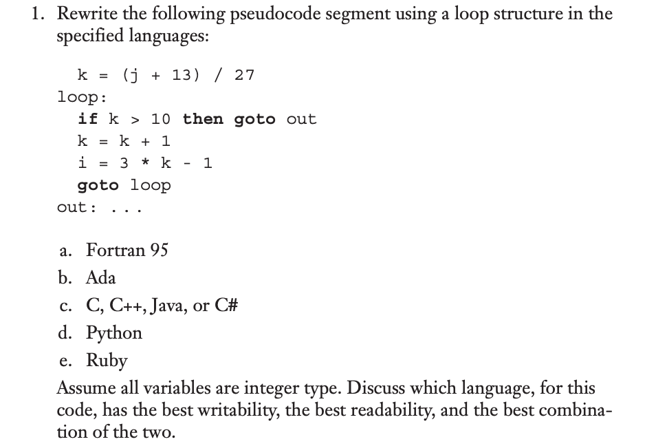  Please solve d) and e). 1. Rewrite the following pseudocode segment