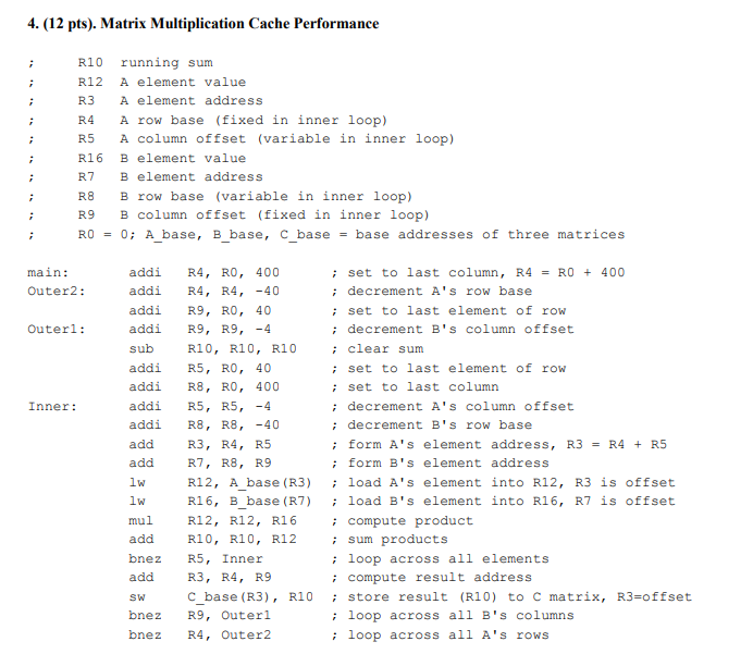 4. (12 pts). Matrix Multiplication Cache Performance R10 running sum R12