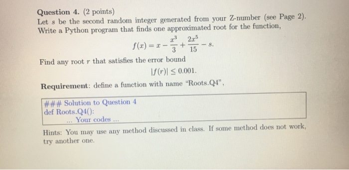  Question 4. (2 points) Let s be the second random integer