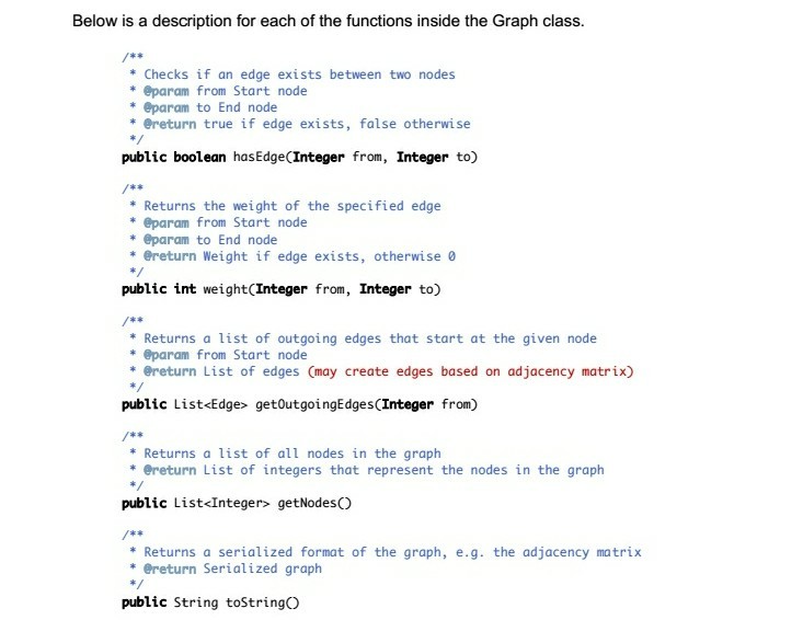 a graph as well as edges in the graph. Implement the following