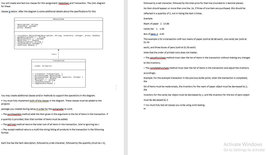  Java You will create and test two classes for this assignment: