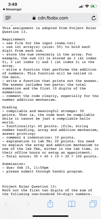  Project Euler problem 13 . I need help . 3:49 Messenger