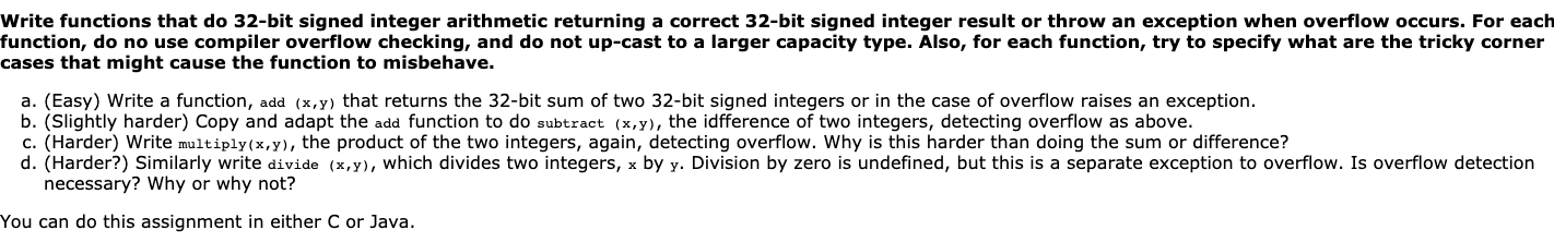  Write functions that do 32-bit signed integer arithmetic returning a correct