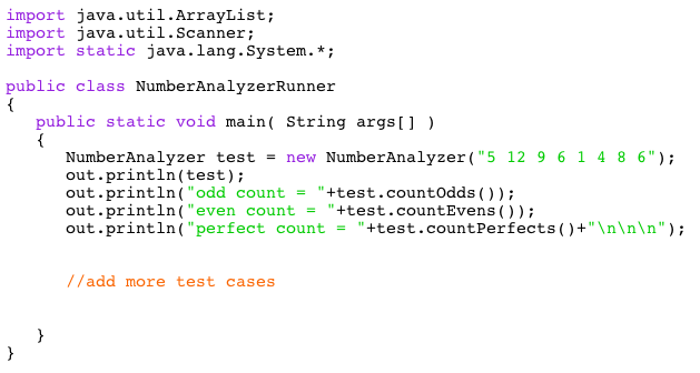 tostring() return import java.util.ArrayList; import java.util.scanner; import static java.lang.system.*; public class NumberAnalyzer