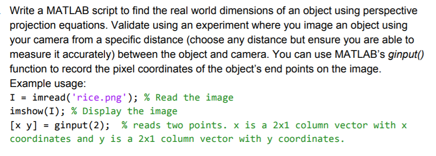 Write a MATLAB script to find the real world dimensions of