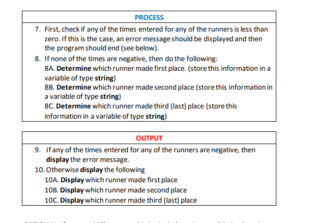Prompt the user for the name of the first runner (type string