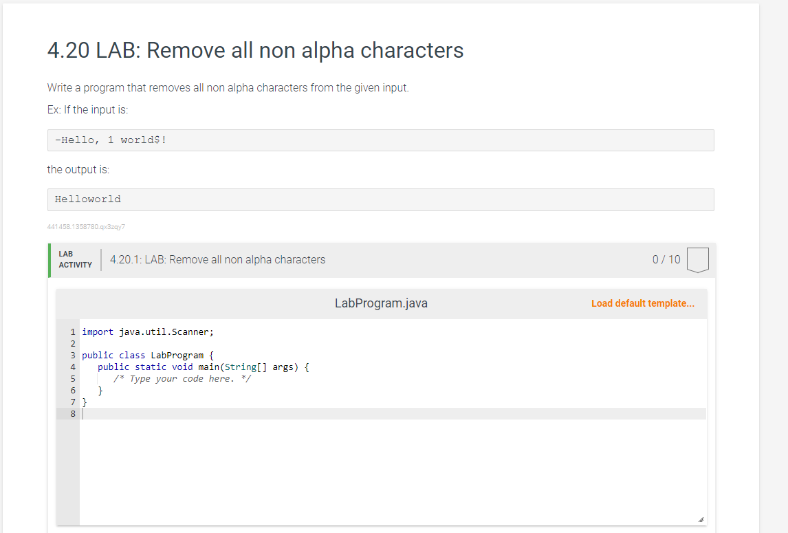 In java please 4.20 LAB: Remove all non alpha characters Write a