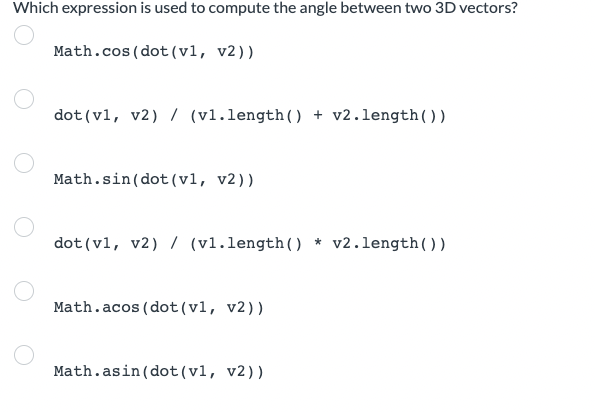  Which expression is used to compute the angle between two 3D
