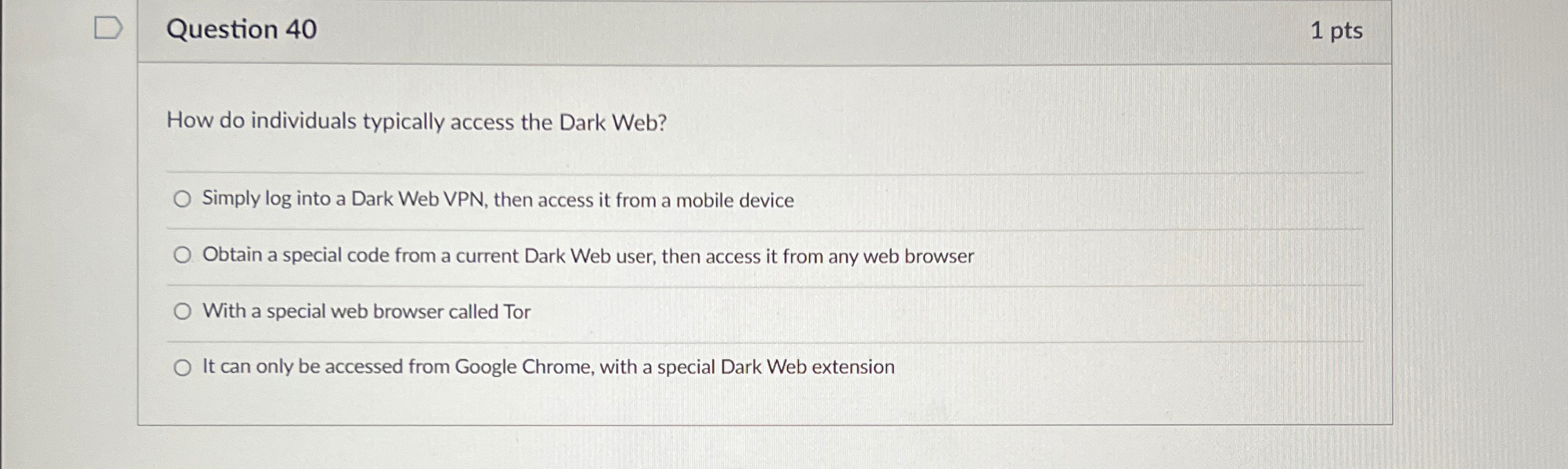  Question 40 1 pts How do individuals typically access the Dark