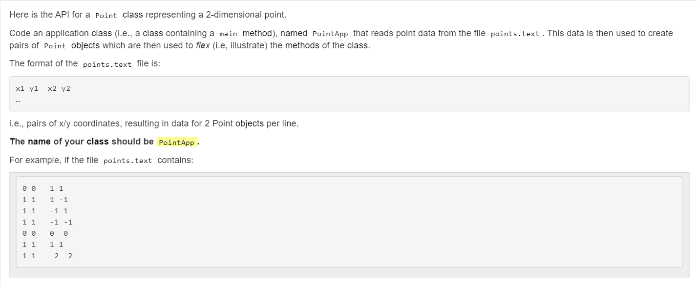 Here is the API for a Point class representing a 2-dimensional