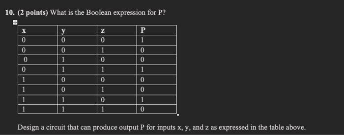 please help me 10. (2 points) What is the Boolean expression for