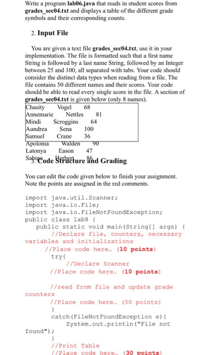  Write a program lab06.java that reads in student scores from grades_sec04.txt