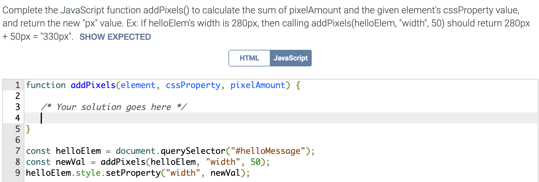 and the given element's cssProperty value, and return the new "px" value.