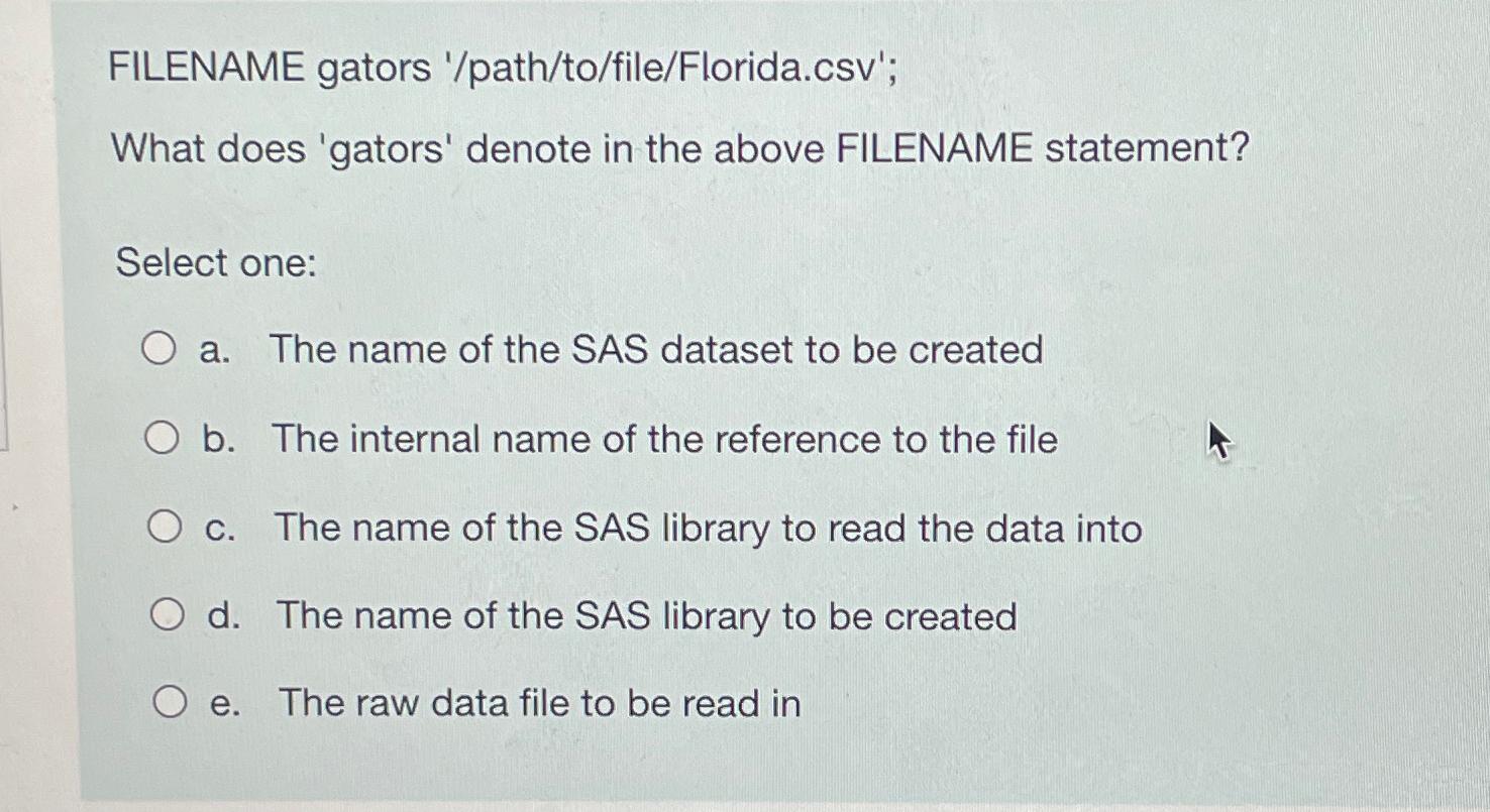  FILENAME gators '/path/to/file/Florida.csv'; What does 'gators' denote in the above FILENAME