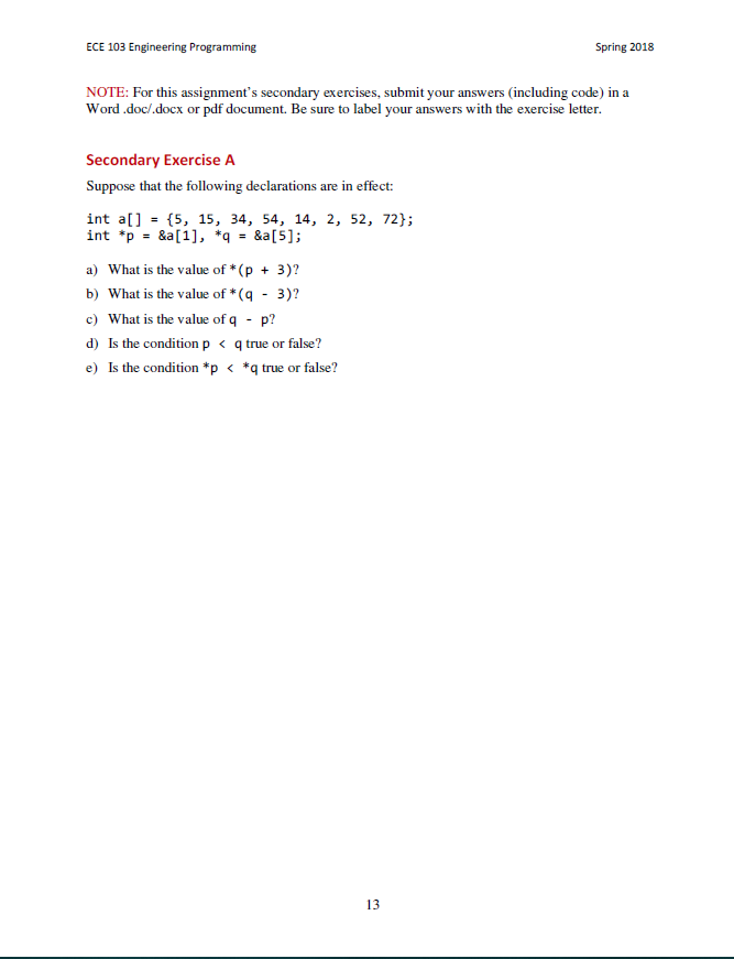  ECE 103 Engineering Programming Spring 2018 NOTE: For this assignment's secondary
