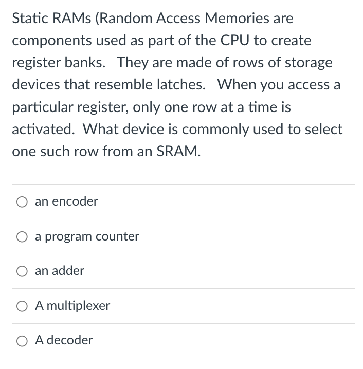 Static RAMs (Random Access Memories are components used as part of