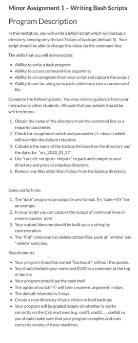  Minor Assignment 1 - Writing Bash Scripts Program Description In this