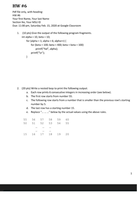  program in C HW #6 Pdf file only with heading HW
