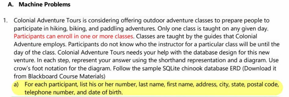  A. Machine Problems Colonial Adventure Tours is considering offering outdoor adventure