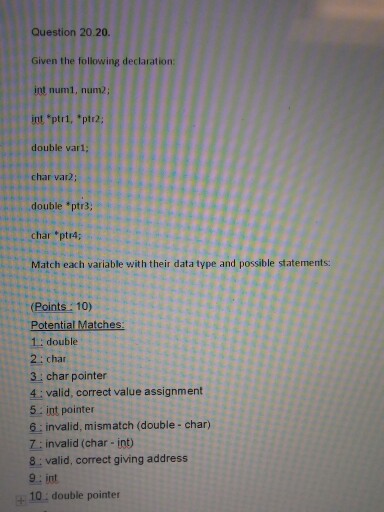 Question 20.20 Given the following declaration int num1, num2; int ptr1,
