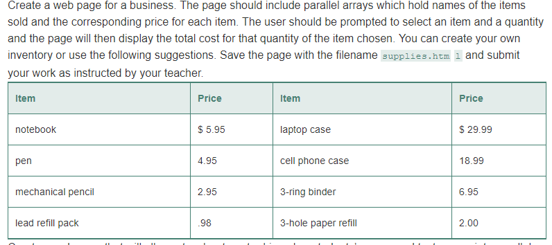 I need the code for this programming challenge in html/javascript Create a