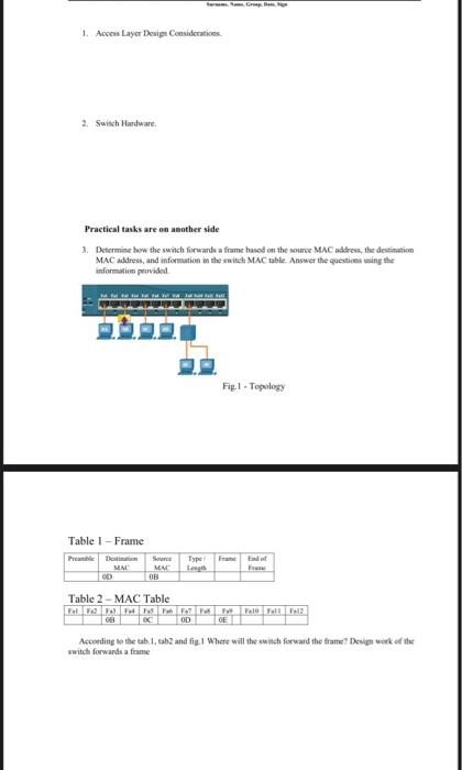  1. Acoess Layer Design Consideratives. 2. Suish Hardware. Practical tasks are
