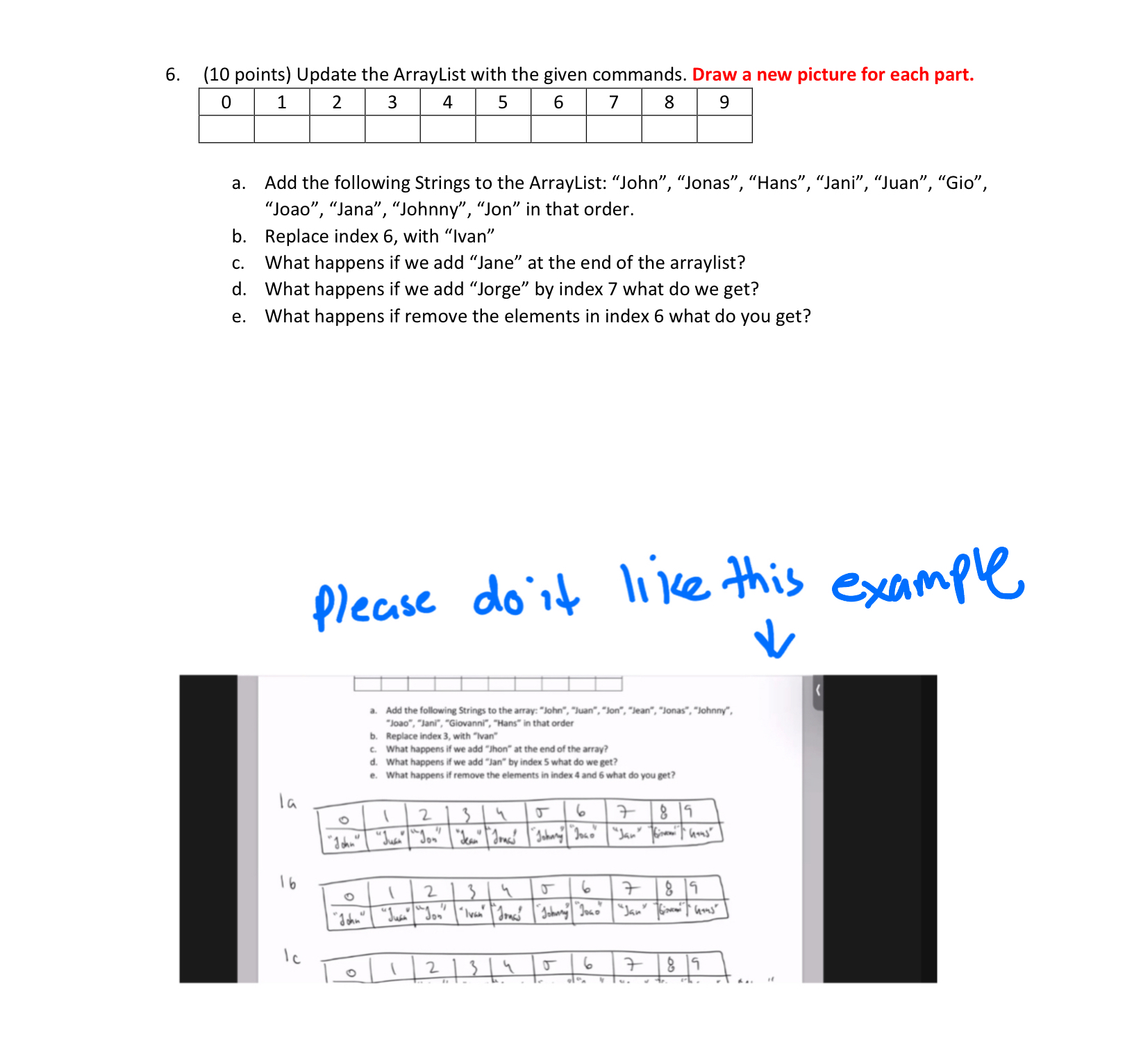  (10 points) Update the ArrayList with the given commands. Draw a