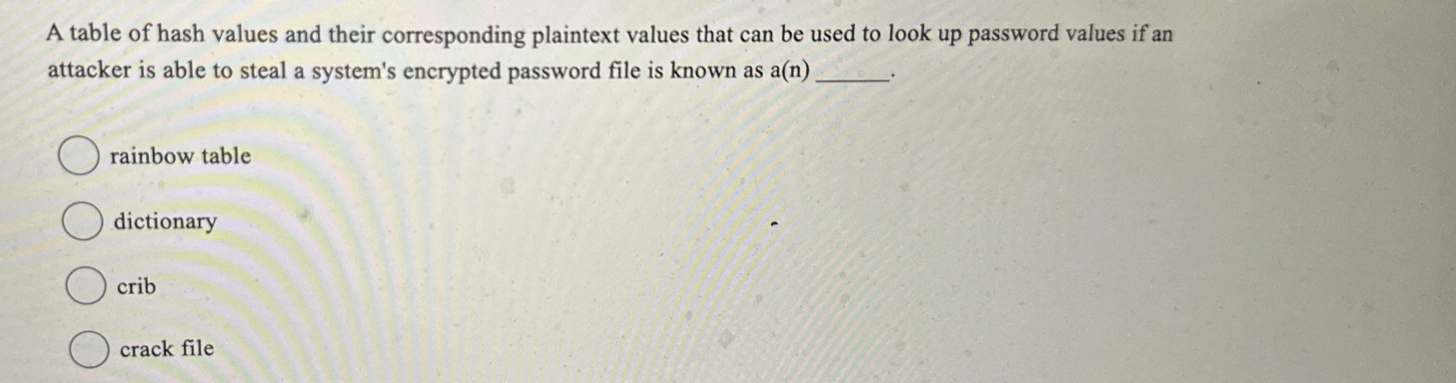  A table of hash values and their corresponding plaintext values that