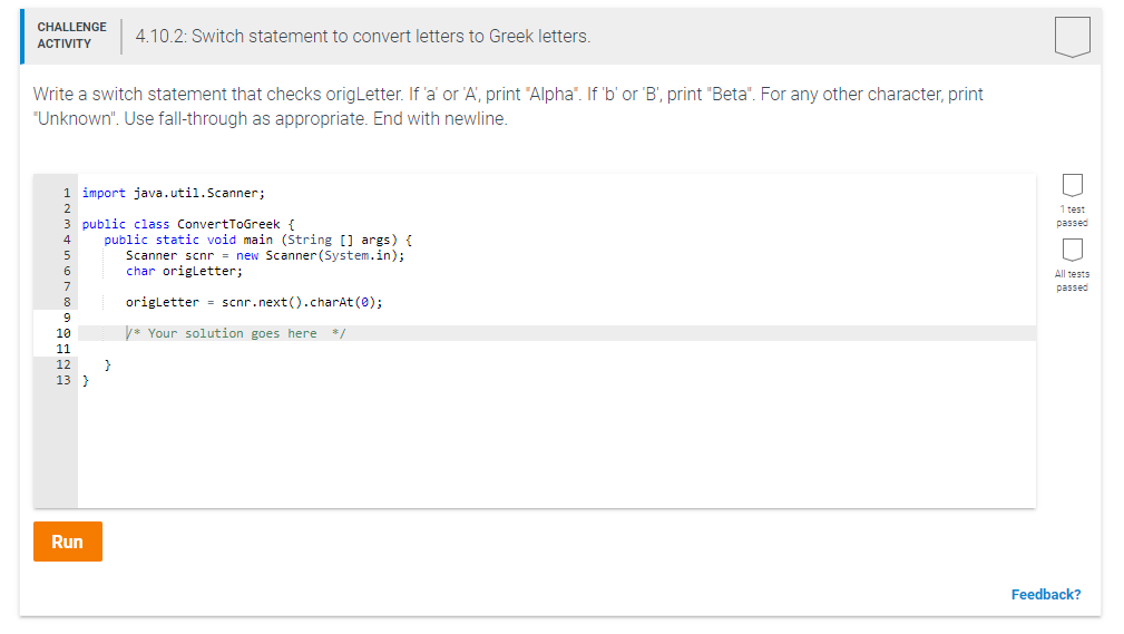 ASSIGNMENT IN JAVA SCRIPT CHALLENGE ACTIVITY 4.10.2: Switch statement to convert letters
