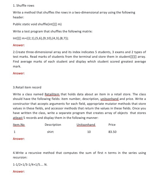  1. Shuffle rows Write a method that shuffles the rows in