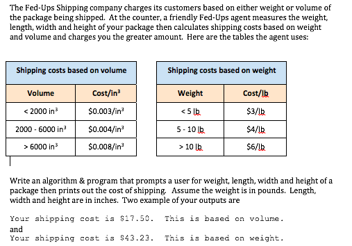 Code in PYTHON language please The Fed-Ups Shipping company charges its customers
