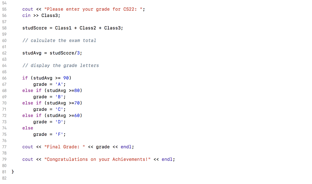 the students total and average scores. Also, calculate the letter grade for