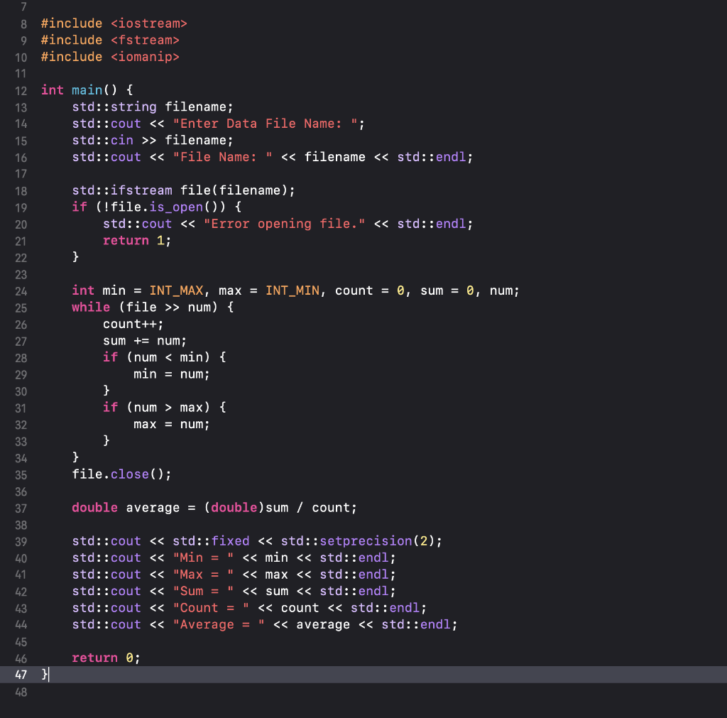 filename; std::cout std::ifstream file(filename); if (!file.is_open()) { std::cout return 1; } int