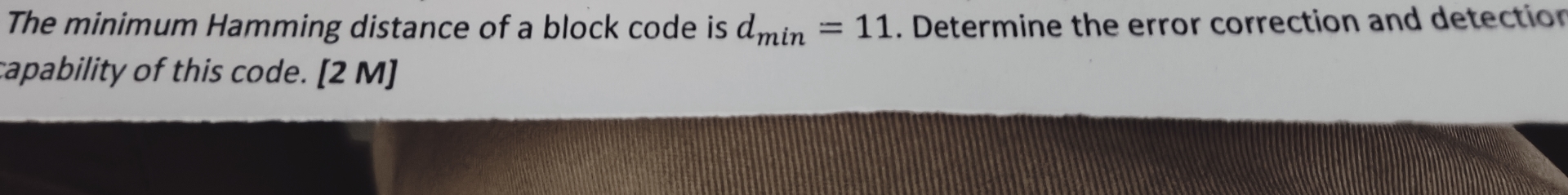  The minimum Hamming distance of a block code is dmin=11. Determine